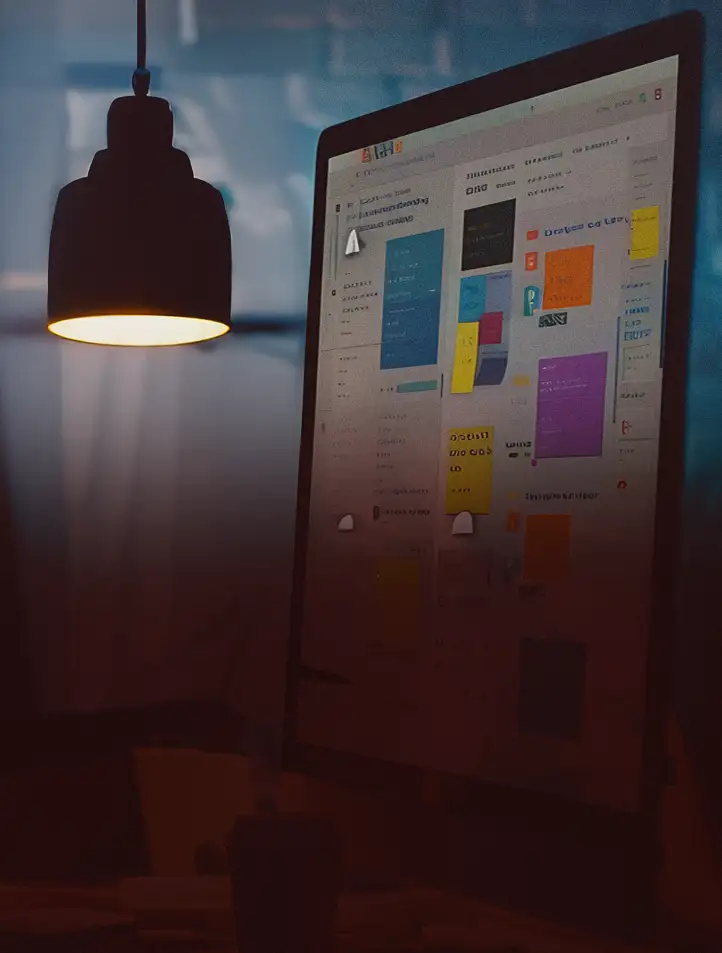 Monitor com um quadro de notas coloridas de planejamento de interface, numa mesa à meia-luz