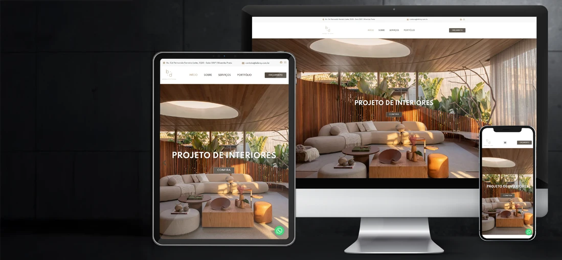 Site da BD Arquitetura aberto em computador, notebook, tablet e celular