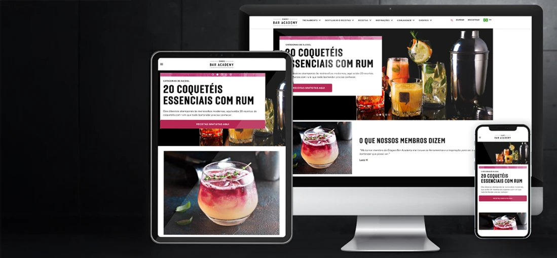 Site da Diageo Bar Academy aberto em computador, notebook, tablet e celular