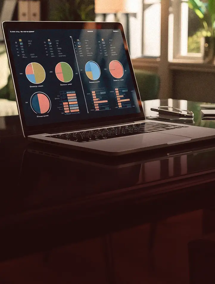 Notebook aberto com gráficos de desempenho na tela, numa mesa de madeira